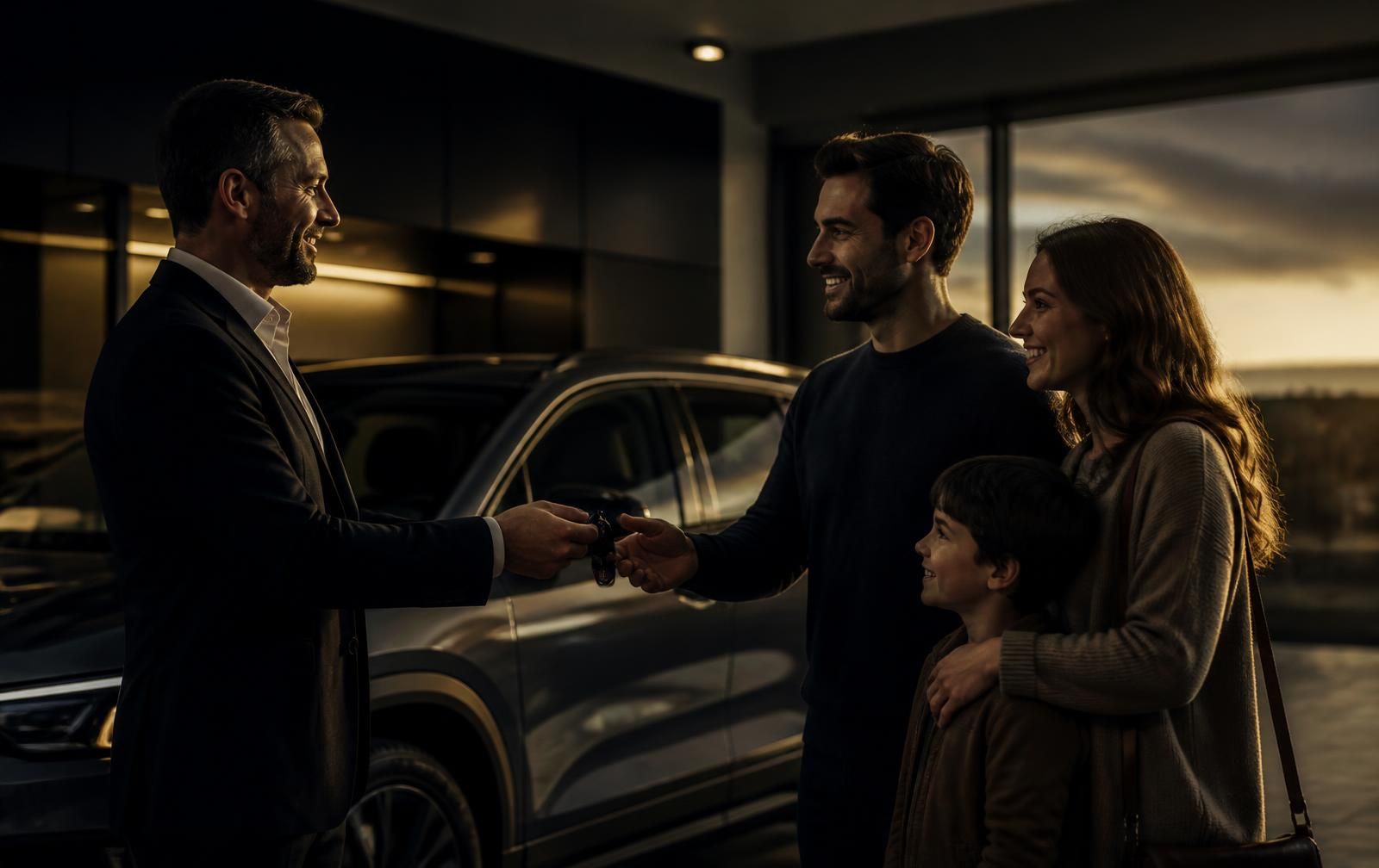 A family receiving the keys to their new vehicle at a premium dealership